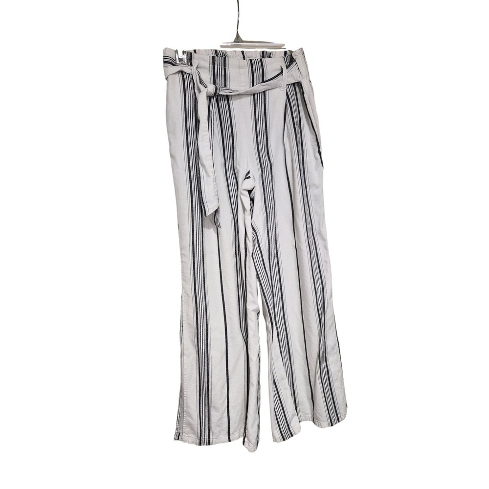 Happily Grey Striped Wide Leg Pants White Navy Linen Blend High Waist Small